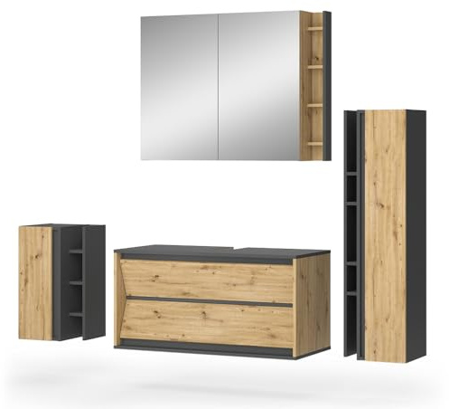 Vicco Set di mobili da bagno Edelin, Antracite/Artisan, 100 cm | composto da mobile lavabo, pensile a specchio, colonna e base media