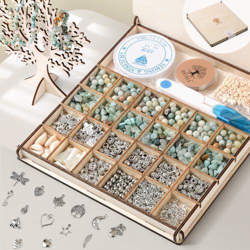 EUES Natürliche Amazonit Perlen für Armbänder mit Recycle Holzkiste, Edelstein Perlen Kit, Perlen Set mit Retro-Silberaccessoires, für DIY Schmuck Perlen Bracelet Making Kit & Geschenk​, Weihnachten