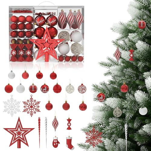 YUENFONG 138er Set Weihnachtskugeln Kunststoff Christbaumkugeln, Weihnachtsdeko Matt Glänzend mit Baumspitze Stern, Weihnachtsbaumkugeln Deko Christbaumkugeln, Burgunderrot