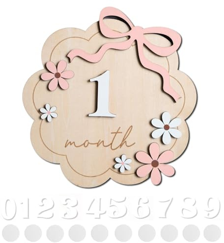 Baby Meilensteinkarten - Holz Baby Monatliche Meilensteinkarten mit Klebepunkten & austauschbaren Zahlen - Blumen Design Foto Requisiten für Säuglinge 0-12 Monate