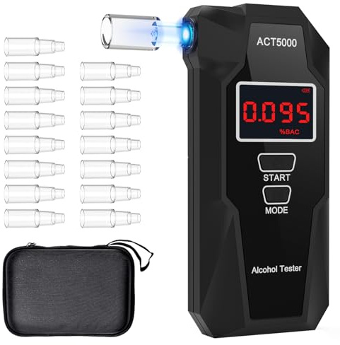Swetfela Elektrochemischer Alkoholtester mit 15 Mundstücken & Tragetasche - UK Brennstoffzellen-Sensor Professioneller Atemalkoholmessgerät, Digitales LCD Messgerät, 50 Speicherplätzen (Schwarz)