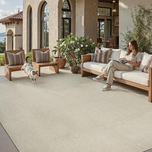 PureCozy Alfombra Exterior 200x300cm Salon Terraza Impermeable Taupe Antideslizante Lavable Interior Alfombras Habitacion Jardin Comedor Patio Dormitorio Aspecto Yute Tapete