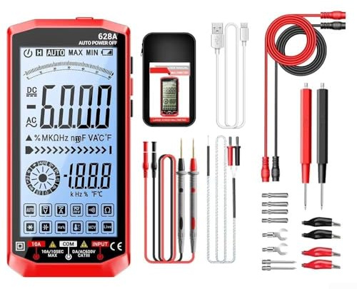 Multimètre numérique sans fil 628 A avec grand écran LCD rétroéclairé et batterie rechargeable USB C pour tester les batteries de voiture, alternateurs et circuits (628 A rouge Pro)