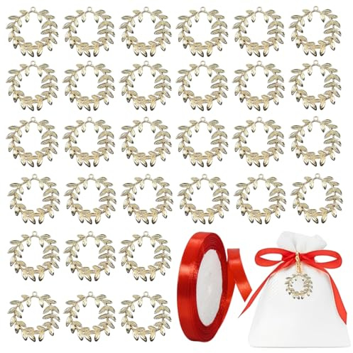 HAPZUR Set di 30 Ciondoli Ramo d'Ulivo Ideale Come Bomboniera Laurea, Regalo Vintage per Decorazioni e Natale, Ciondolo con Nastro Rosso (Dorato)