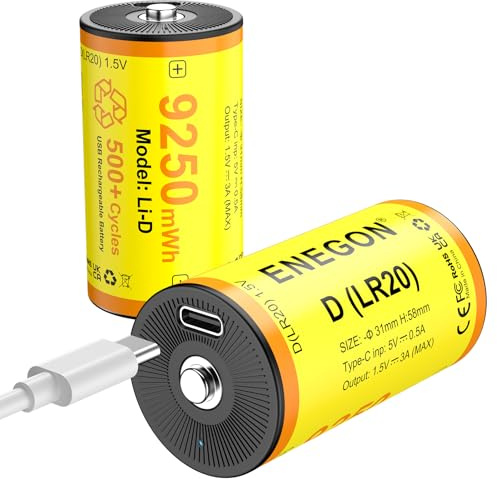ENEGON 2 Pack D Batteries 12580mWh Rechargeable Lithium-ion D, 1.5V LR20 Battery with USB-C Cable for Floodlights, Camping Lights, Radios, Security light, Touch-sensitive LED Display.