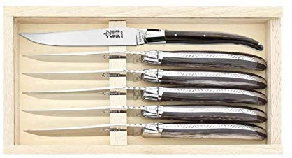 G.David 1883.23 Laguiole G. David - Juego de 6 cuchillos de mesa (acero inoxidable, 23 cm), mango de cuerno negro