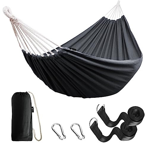 ANYOO Hängematte Outdoor Baumwolle Bequemer Stoff mit Baumfreundlichen Gurten zum Aufhängen, Robuste Tragbare Hängematte mit Reisetasche für Garten, Indoor, Balkon, Terrasse, Camping