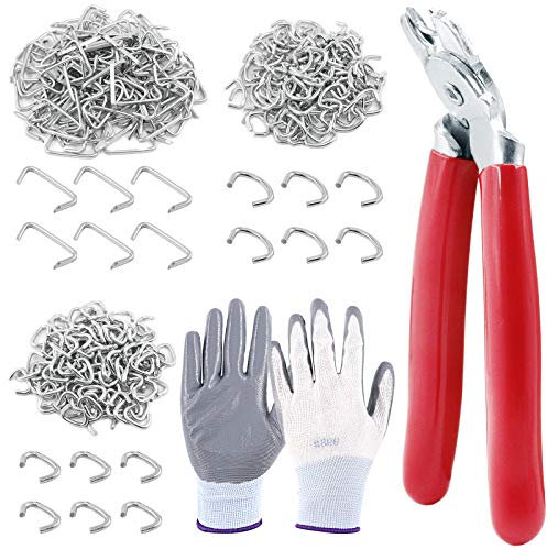 Keadic Angled Head Hog Ring Pliers & 360 Pieces Galvanized Hog Rings, Professional Upholstery Installation Kit with Protective Gloves, for Upholstery, Bungee Shock, Meat & Sausage Casings
