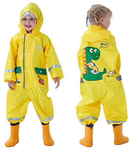 Baogaier Regnrock flicka pojke vattentät, regndräkt med huva andas lätt en del overall regnjacka regnbyxor med reflekterande ränder och djurtryck för unisex barn 1–8 år, Dinosaurie gul, 4-6 år