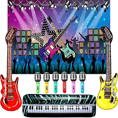 BBTO Inflatable Rock Star Set 80s 90s Party Decorations Blow up Party Props Musical Instrument Include Inflatable Backdrop Banner, Microphone, Guitar, Bass and Keyboard for Rock Party Favor