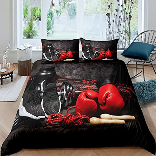 Homewish Boxen Bettwäsche Set 135x200 für Jungen Teens Mann Fitness Sport Thema Trösterbezug Boxhandschuhe Hantel Bettbezug Dekorativer 2-teiliger Bettbezug mit 1 Kissenbezug Dunkelgrau