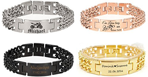 aplusashop ID Edelstahl Armband mit Gravur nach Wunsch Doppelpanzerarmband massiv, 4 Farben