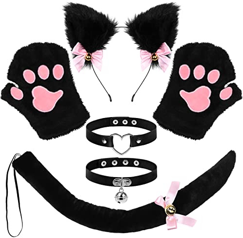 FRCOLOR Katze Cosplay Set Katzenohren und Schwanzset -Kostüm-Set Ohren, Stirnband und Schwanzkragen, Pfoten, Cosplay-Halloween-Kostüm für Kinder und Erwachsene