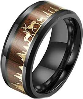 Ayoiow Anillo Hombre Acero Plata Anillos Hombres Caballero Incrustación De Anillos De Banda Unida Con Patrón Madera Y Alce