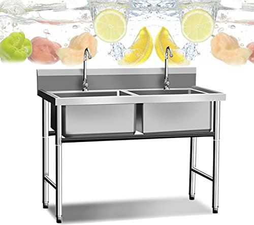 Spülbecken Küche, Outdoor Waschbecken Werkstatt, Freistehend Ausgussbecken Edelstahl, 50/60/70/100/120CM Gartenwaschbecken, Camping Spüle, mit Wasserhahn und Abtropffläche, für Wäscherei Restaurant (