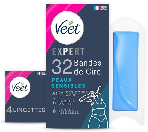 Veet Expert – 32 Kaltwachsstreifen Set Beine, Trikot & Achseln – empfindliche Haut – perfekte Verarbeitung – langanhaltende Haarentfernung