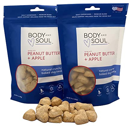 Body and Soul Peanut Butter + Apple Crunchy Premium Training Dog Treat Superfood Oven Baked Biscuits Oats Barley & Quinoa, Clean Natural Plant Protein, No Additives No Fillers Made in USA 2Pk (20oz)