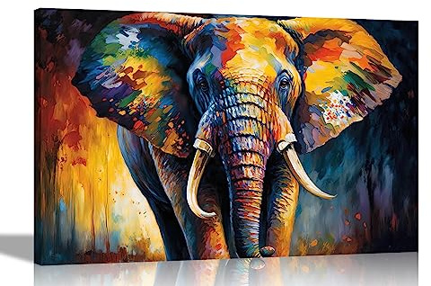 Artley Prints - Lienzo de pared colorido con retrato de elefante para sala de estar - Decoración abstracta para colgar impresiones artísticas enmarcadas grandes 86 x 61 cm (34 x 24 pulgadas) A1