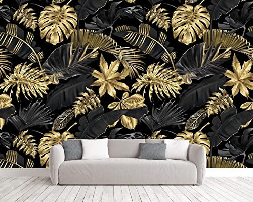 BELOKA Papier Peint Panoramique 3D Feuille De Bananier Noir Et Or Papier Peint 3D Intissé Moderne Décoration Murale