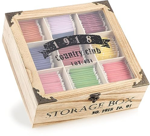 com-four® Scatola Rustica per bustine di tè - Scatola da tè con 9 Scomparti, Finestra e Chiusura - Scatola da tè in Stile Country - Contenitore per tè Shabby Chic (Rustico - 1918-9 Scomparti)