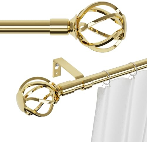Gardinenstange Gold 68 to 222 cm mit Gedrehten Käfigendstücken, Wandmontage Messing Gardinenstangen Set, Metall 16mm Gardinenstange 2.2m Lang für Outdoor Wetterfest