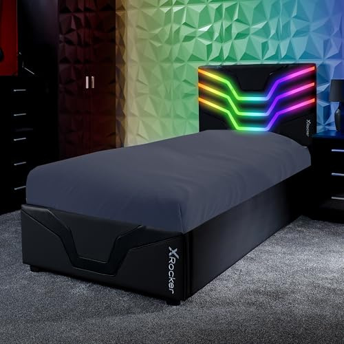 X-Rocker Cosmos RGB Upholstered Ottoman Single Bed for Gamers with Neo Motion RGB LED Lighting, Single 3ft Bedstead Bed Frame with Storage, Gas Lift, PU Faux Leather Headboard, 90x190cm - BLACK