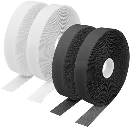 4 Rotoli Hook Loop Autoadesivo, 10m x 20mm Autoadesivo Nastro Adesivo Nastro con Chiusura a Strappo Autoadesivo Feltro Adesivo Forte Biadesivo per DIY Lavori, Portafoto, Zanzariera (nero + bianco)