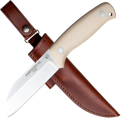 J&V Cuchillo de Hoja Fija Serie XS para Bushcraft, Campo, Caza, Pesca, Supervivencia y Outdoor, Hoja 10 cm, Funda de piel, Hecho en España (SHEEPSFOOT)