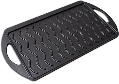 LUNA WAY CAST IRON - Bistecchiera in Ghisa Smaltata | Doppia Superficie Liscia/Ondulata reversibile | Antiaderente | Adatta a Fuoco Aperto e Fornelli, Barbecue | Pronta all'uso | Nero, 55 x 30 cm