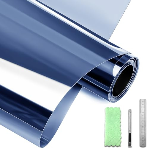 DARUITE Vinilo Adhesivo Cristal Vinilo Espejo para Ventanas Privacidad Control del Calor Reflectante Efecto Espejo Anti UV Película de Vinilos para Cristales Pegamento（Azul-Plateado, 44.3x200cm）