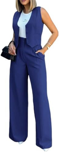 shownicer Tailleur Donna Eleganti Pantaloni e Gilet Curvy Completo Blazer a Senza Maniche 2 Pezzi Tuta Elastici in Vita Set di Abiti in Tinta Unita Pantalone Giacche Due Pezzi Suit A Blu XS
