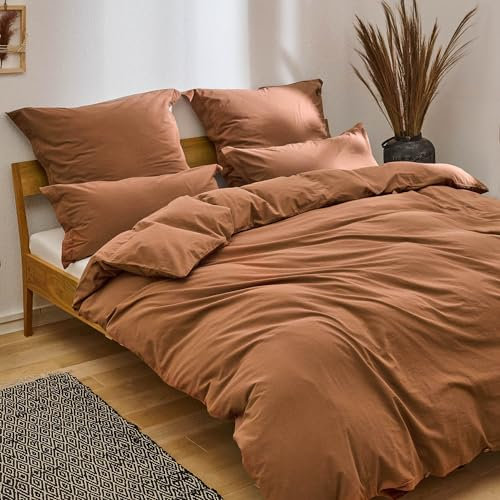 Blumtal Bettwäsche 135x200 Leinen Optik 2teilig mit Kissenbezug 80x80cm - Bettbezug leinenartige Baumwolle, ähnlich wie Leinen Bettwäsche 135x200 cm - Oeko-TEX zert. Stone Washed Bettbezug Kupfer