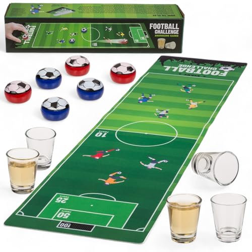 MIJOMA Trinkspiel, Tischfußball & Tischcurling, Inklusive Spielmatte 120x30 cm, 6 Kugelgleiter, 2 Shooter-Gläser - Bring Schwung in Jede Party! (Tischfußball)