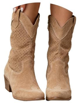 Stivali da cowboy da donna stivaletti in pelle scamosciata stivali western alti alla caviglia stivali a punta con tacco basso stivali mezze lunghezze in pelle scamosciata traforata scarpe da donna