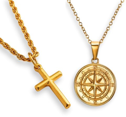 DVRK® 2er Pack Kette Silber Herren oder Goldkette - Silberkette Herren Wasserfest & Schweißresistent - Halskette Edelstahl 316L - Kreuz, Figaro, Kubanische, Goldr
