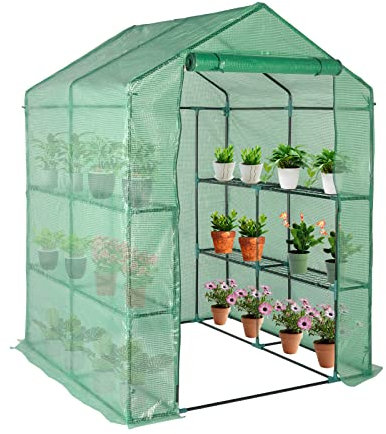 Outopee Walk In Compact Greenhouse, PE Plant Green House with 6 Tiers 8 Shelves, Zipper Rolling Door, Portable Outdoor Plant House for Garden Growing, 143 x 143 x 195cm