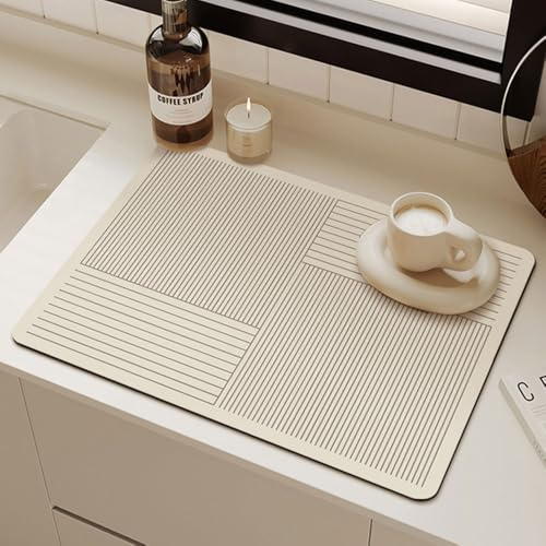 Odot Absorbente Alfombrilla Escurreplatos, Alfombrilla Cafetera Secado Rápido Bayeta Escurreplatos Estera Fregadero para Encimera de Cocina, Diseño de Líneas Beige (40x50cm,Rectángulo)