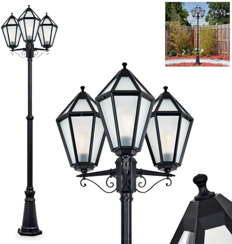 Kandelaber Falfosa, Außenwegeleuchte aus Metall/Glas in Schwarz/Milchglas, Wechselscheiben Klar, Leuchte im Vintage/Antik/Landhaus-Design für Außenbereich/Garten/Terrasse, Höhe 242 cm, 3 x E27, IP44