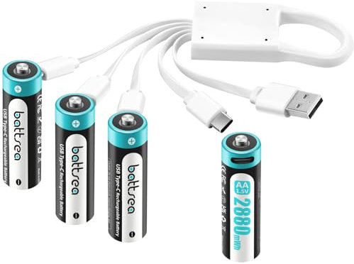 Battsea Batteria AA da 1,5 V con USB, C 4 batterie AA, ricaricabile USB C, AA, ricaricabile, 2880 mWh, 0,8 H, ricarica rapida, 1600 cicli, batterie agli ioni di litio AA, compatibile con