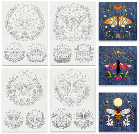 BENECREAT 4 Blätter 12Pcs Motte wasserlösliche Stickmuster, 29.7x21cm Stern Mond Blume Motte Combo Stick und Stich Stickerei Papier Stabilizer für Hand Nähen Liebhaber Anfänger