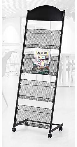 WOTZOV Prospektständer, Zeitschriftenständer, 4-lagiges mobiles Bücherregal mit 4 Universalrädern für Messen, Ausstellungen, Büros, Einkaufszentren,63x146cm
