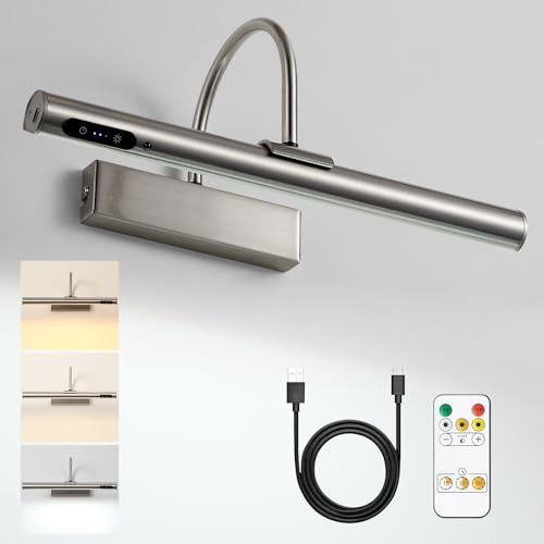 HARPER LIVING Wiederaufladbare Wandleuchte aus Satiniertem Nickel, Batteriebetrieben, Touch-Steuerung und Fernbedienung, Dimmbar, 3 Farbtemperaturen, Magnetisch und Kabellos für Galerie