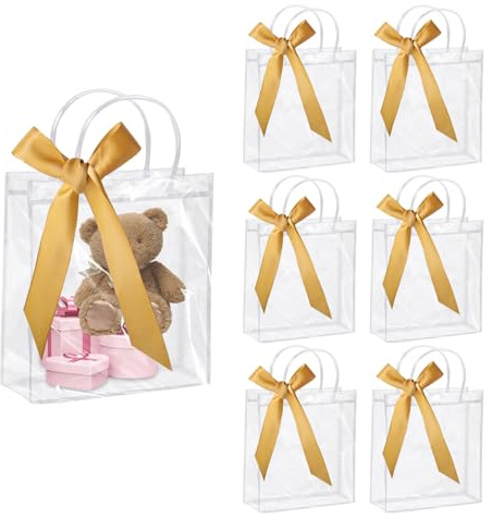 6 Stück Geschenktüten durchsichtig mit Schleifen, 16× 15× 7 cm kleine klare Geschenkverpackungstaschen Plastiktüten mit Henkel(Gold Schleifen)