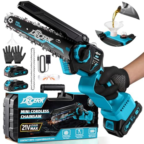 Decerk Mini Chainsaw Cordless 6 Inch, Powerful Brushless Electric Mini Chain Saw with Automatic Oiler & Tool-Free Chains for Wood Cutting Tree Trimming Branch Cutter [Two High-Capacity Batteries]