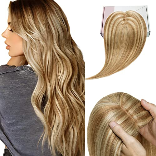 Elailite Clip in Toupet Frauen, Echthaar Topper, Seide Basis Clip in Extensions Haarteil 130% Dichte Remy Silk Base Glatt #12P613 Goldbraun＆Gebleichtes Blond 35cm
