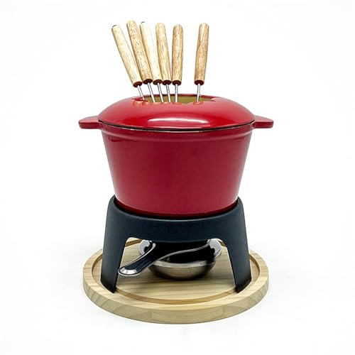 KANLVU Emaille Gusseisen Schokofondue-Set Suppentopf Käsefondue Für Partys, Veranstaltungen, Hochzeiten Schokoladenfondue Butterwärmer-Set(Rot)