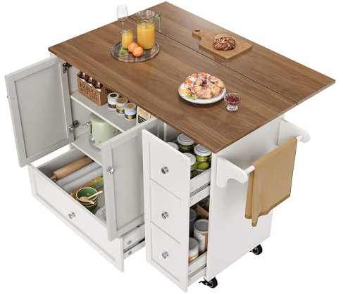 DRIXNO Küchenwagen, Herausnehmbarer Esswagen mit Arbeitsplatte, Handtuchhalter und Gewürzregal, Verstellbare Trennwände, Küchenbuffet, Tischplatte mit Holzmaserung, Weiß