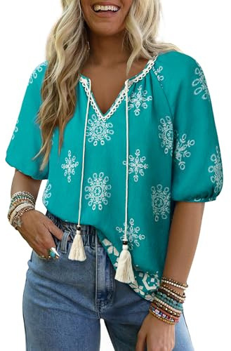 Vivilli Womens Boho Tops, Blouses for Women Casual Womens Summer Tops Bohemian Fashion 2025 Short Sleeve Shirts Peasant Blouses Flowy V Neck Loose Fit Tie Front Top Resort Wear Lake XL