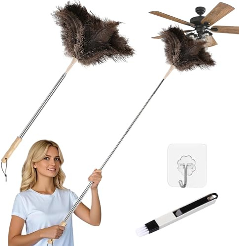 Staubwedel Straußenfedern, Teleskop Waschbar Staubwedel Ausziehbar bis 130cm, mit Holzgriff/Rissbürste/Haken, für Decken, Deckenventilatoren, Empfindliche Oberflächen