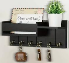 SJDOFU Schlüsselbrett Holz mit Ablage, Schlüsselhalter mit 6 Schlüsselhaken, Schlüsselregal Dekoratives Holz Wandregal mit 4 Schraube für Eingangsbereich Haustür Flur Schlafzimmer